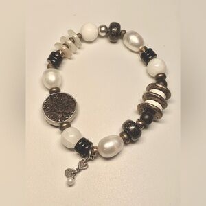 Silpada Sterling, Bronzite, Pearl, Carved Shell, Wood & Brass Stress Bracelet